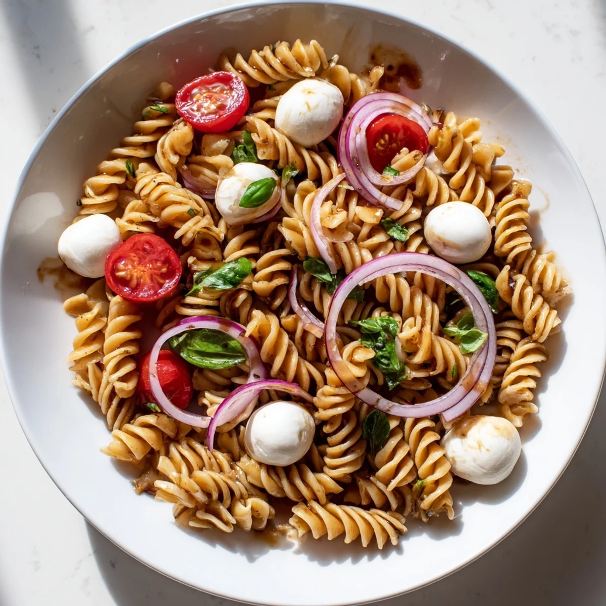 Caprese Pasta Salad topped with juicy cherry tomatoes and creamy mozzarella