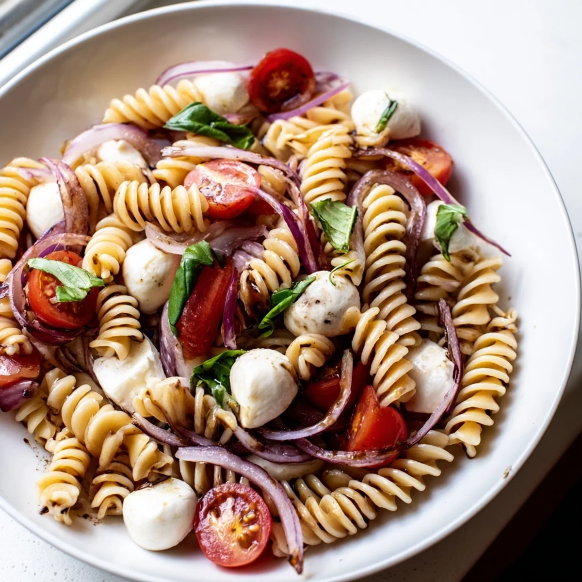 Colorful Caprese Pasta Salad served chilled with torn basil and red onion