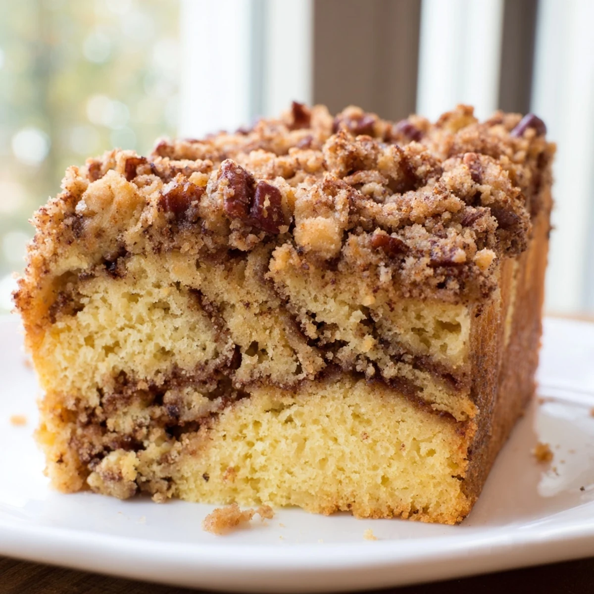 Golden cinnamon pecan crunch coffee cake sliced on a rustic wooden cutting board