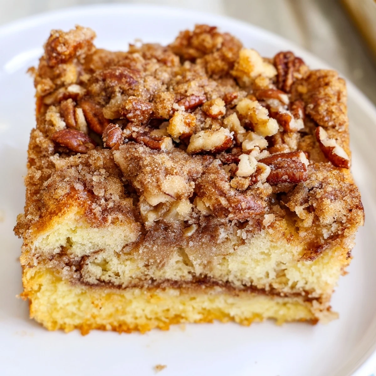 Moist cinnamon pecan crunch coffee cake served on a plate with coffee