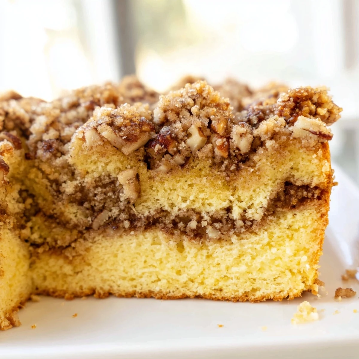 Warm cinnamon pecan crunch coffee cake with a caramelized pecan streusel topping