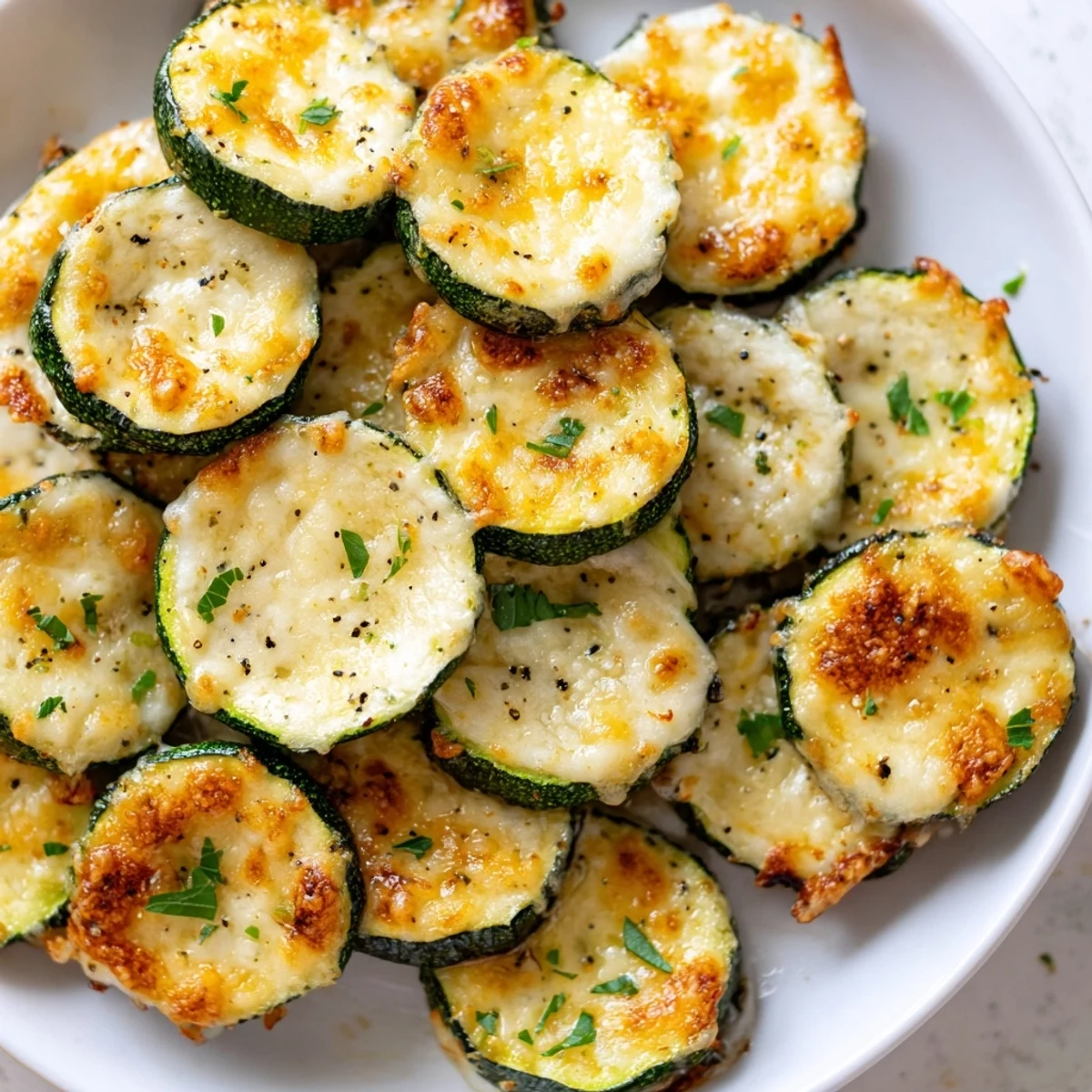 Golden Parmesan crusted zucchini rounds with bright lemon pepper seasoning fresh from the oven