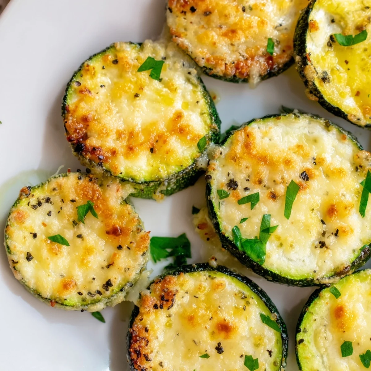 Tender baked zucchini slices topped with melted Parmesan cheese and zesty lemon pepper