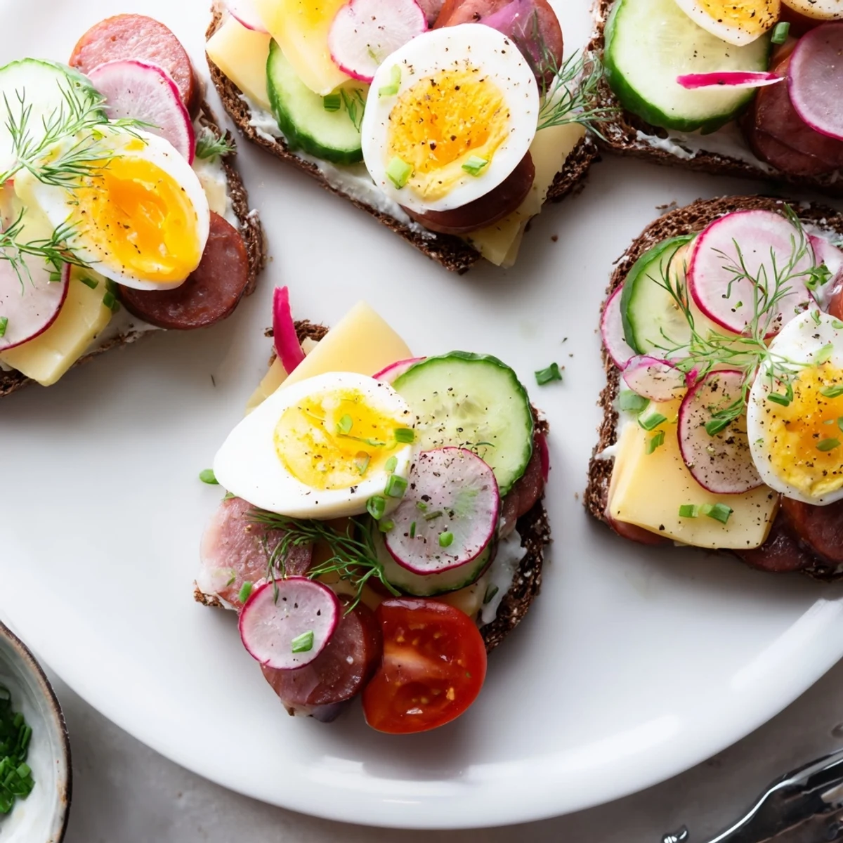 Open Faced Polish Sandwiches topped with kielbasa, egg, and fresh vegetables on rye bread