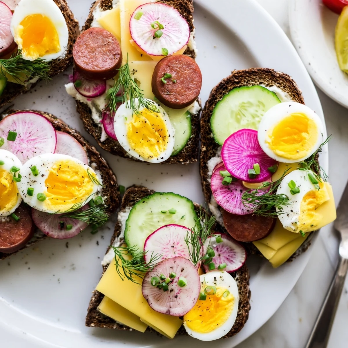 Crispy rye bread slices layered with cheese, radishes, and smoked ham for a classic Polish snack