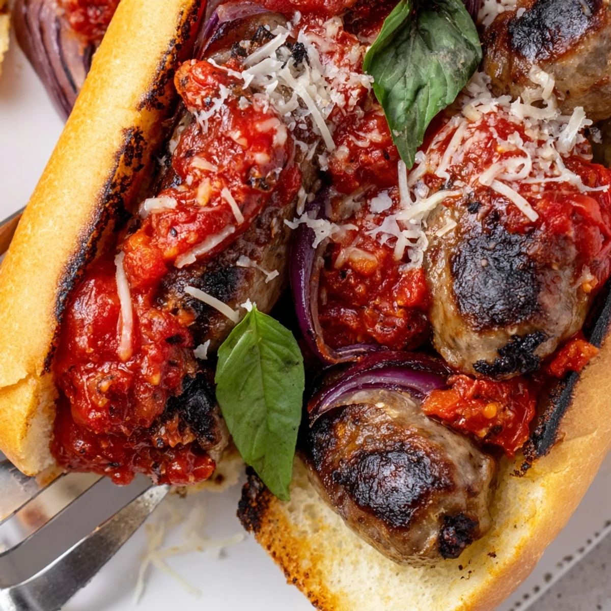Crusty grilled sausage grinders dripping with smoky tomato sauce and melted mozzarella cheese