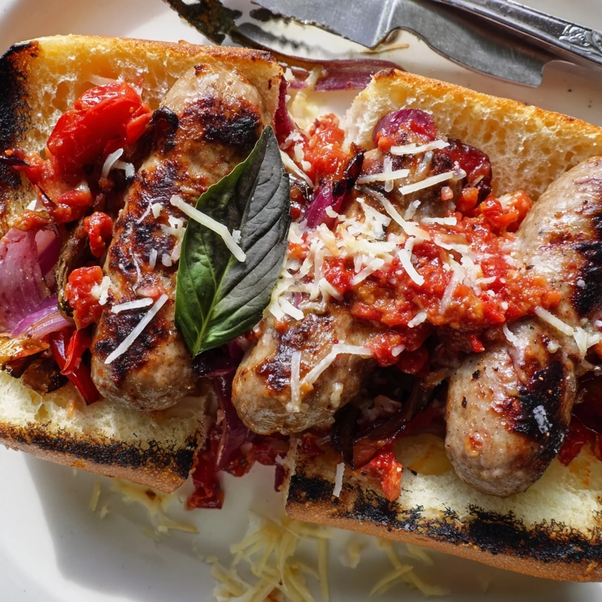 Golden hoagie rolls stuffed with charred Italian sausages and smoky grilled tomato sauce