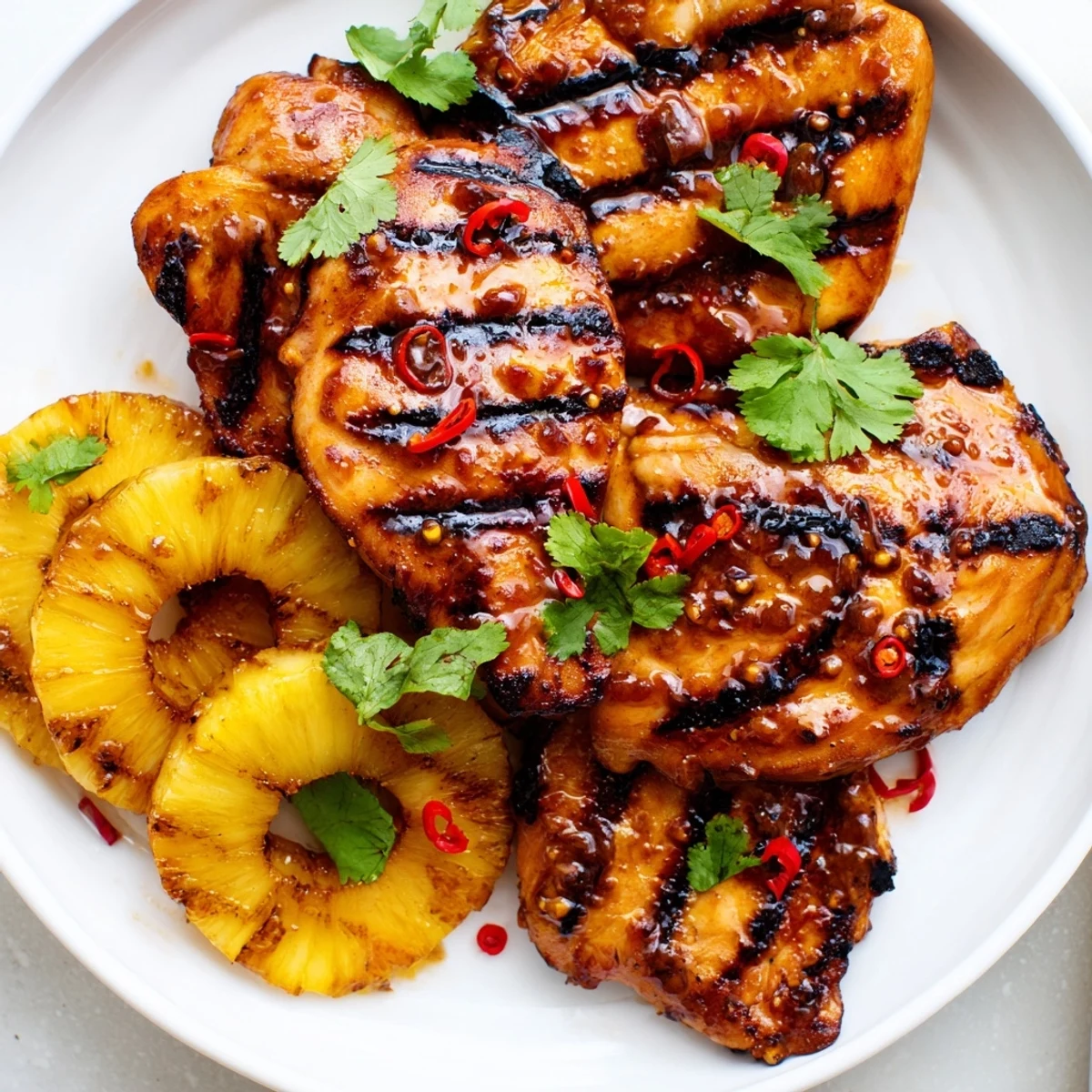 Juicy Chili Pineapple Grilled Chicken with charred edges and caramelized pineapple chunks on a rustic platter
