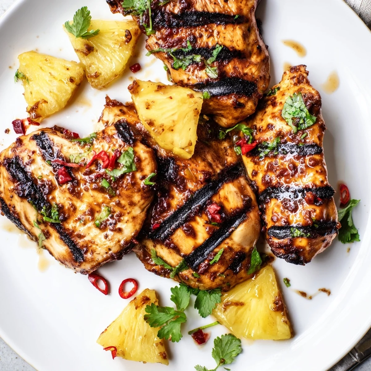 Golden Chili Pineapple Grilled Chicken sliced open, glistening with sweet and spicy glaze beside lime wedges