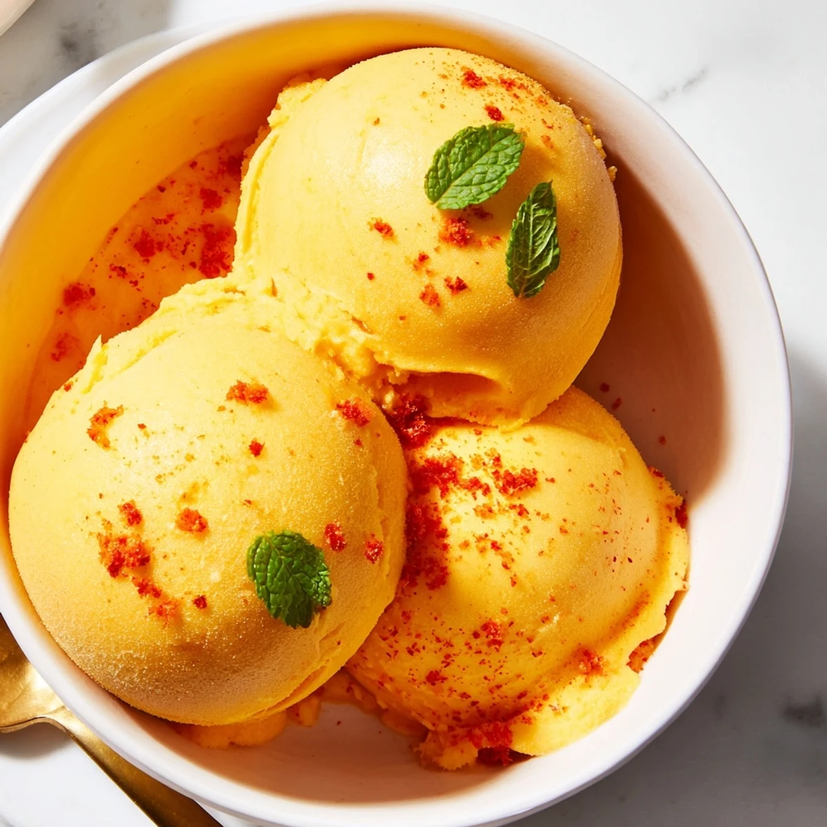 A golden scoop of creamy chili lime mango sorbet glistening with a hint of chili