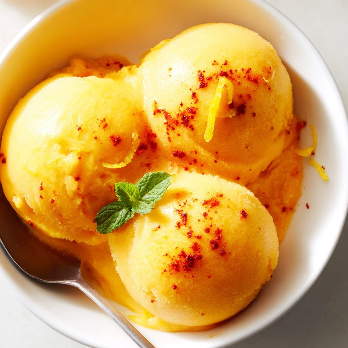 Creamy chili lime mango sorbet served in vibrant scoops topped with fresh lime zest