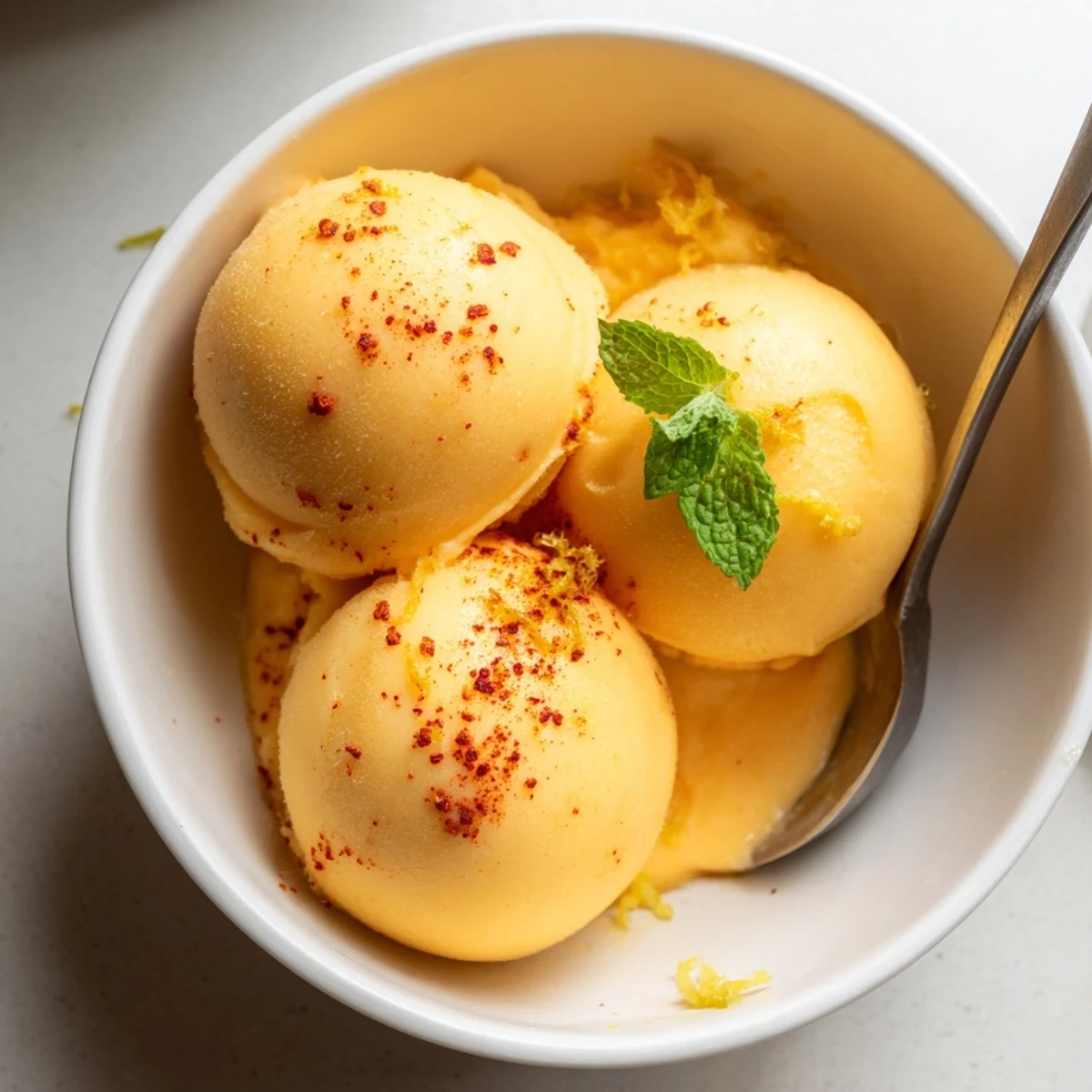 Smooth and luscious creamy chili lime mango sorbet melting softly in a chilled bowl