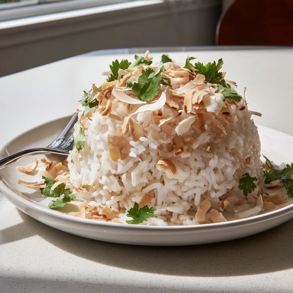 Creamy coconut rice steaming in a bowl topped with toasted coconut flakes