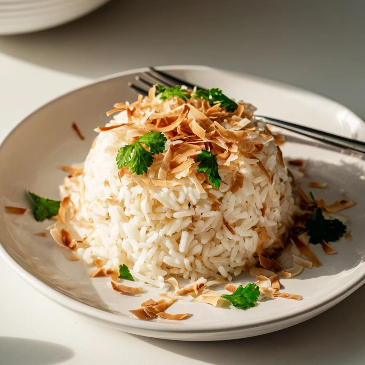 Steaming bowl of coconut rice served alongside grilled chicken and vegetables