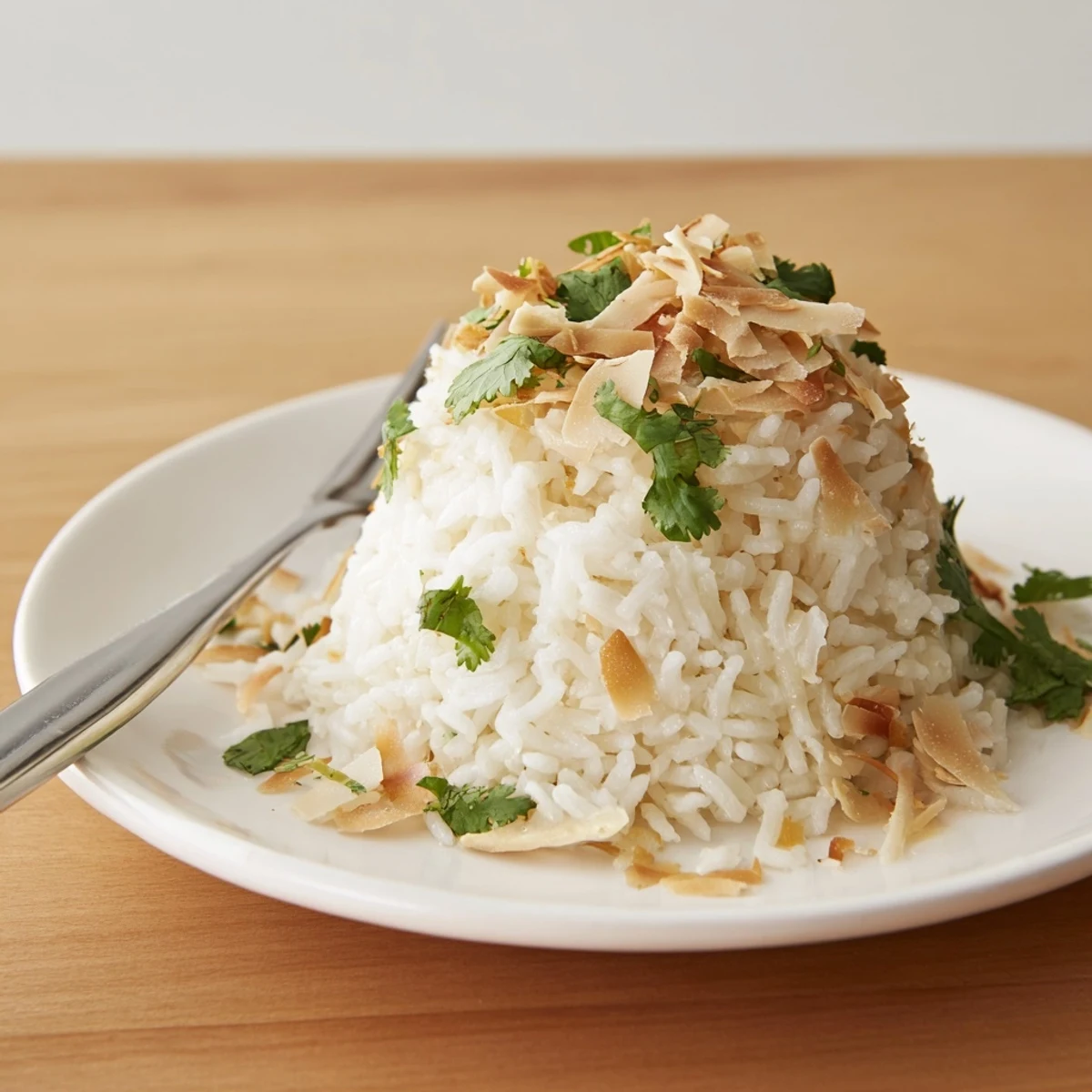 Fluffy coconut rice garnished with fresh cilantro beside a curry dish