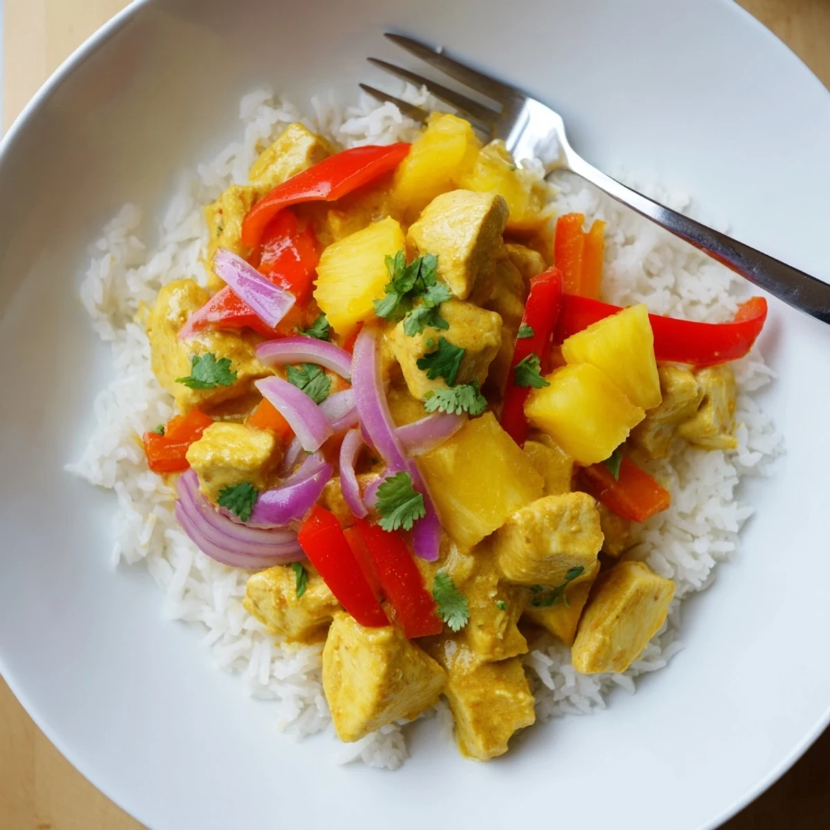 Golden chicken and fresh pineapple in creamy coconut sauce over jasmine rice