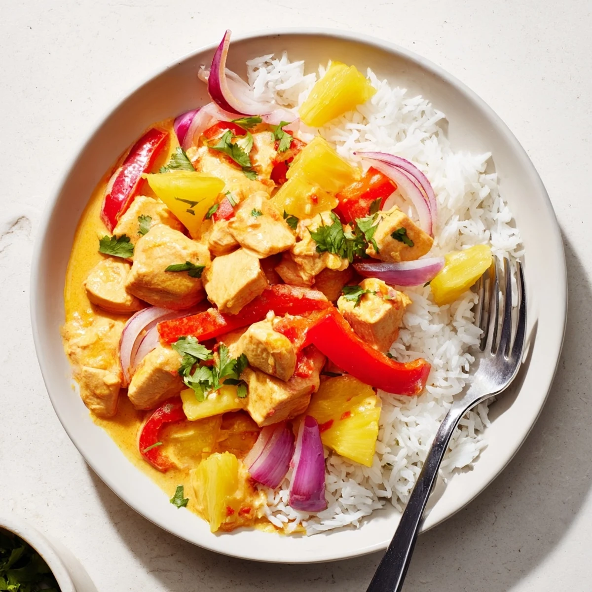 Juicy chicken simmered in coconut lime sauce with bright cilantro garnish