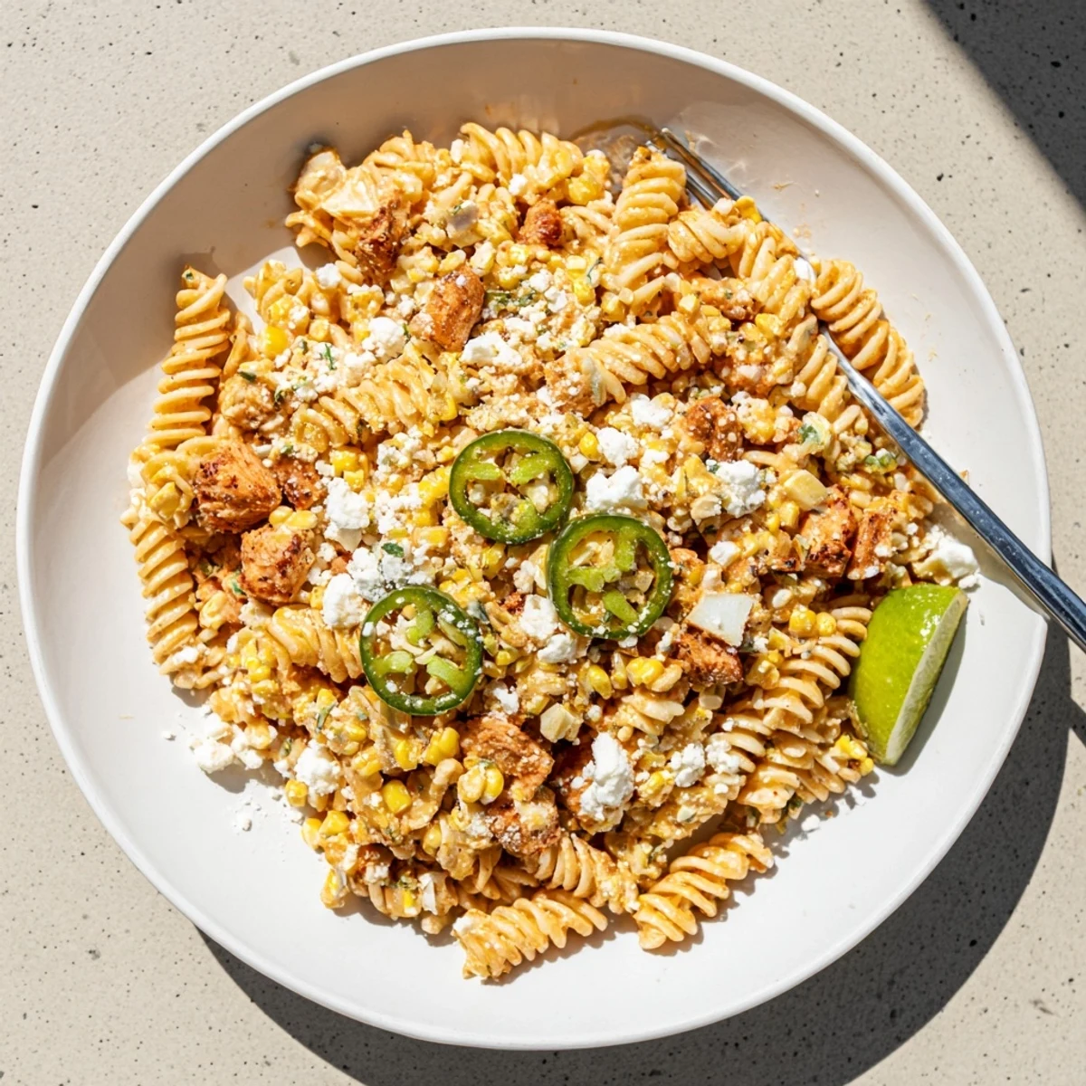 Creamy Mexican street corn chicken pasta salad topped with crushed tortilla chips and fresh cilantro