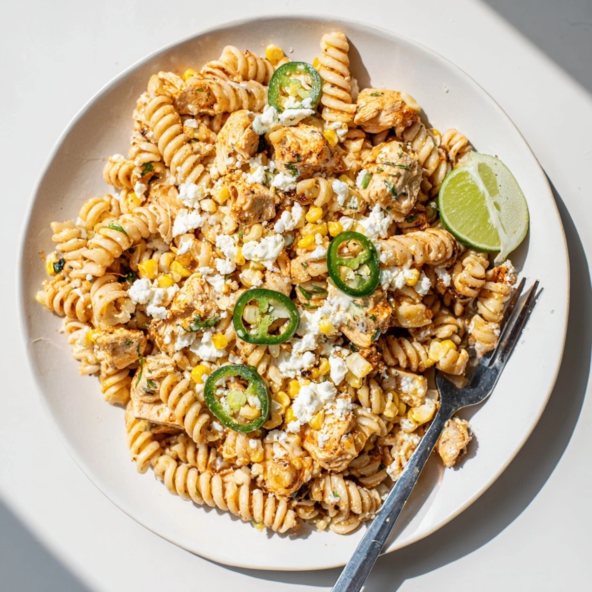 Golden charred corn and tender chicken tossed in a zesty elote style pasta salad