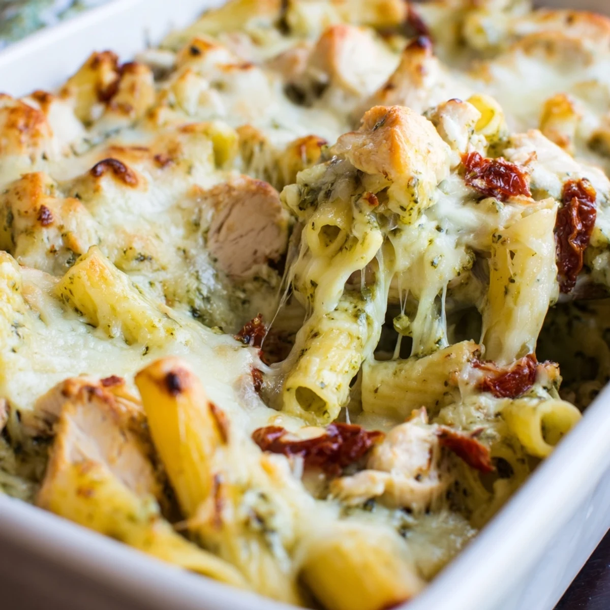 Golden bubbling pesto chicken pasta bake fresh from the oven with melted mozzarella