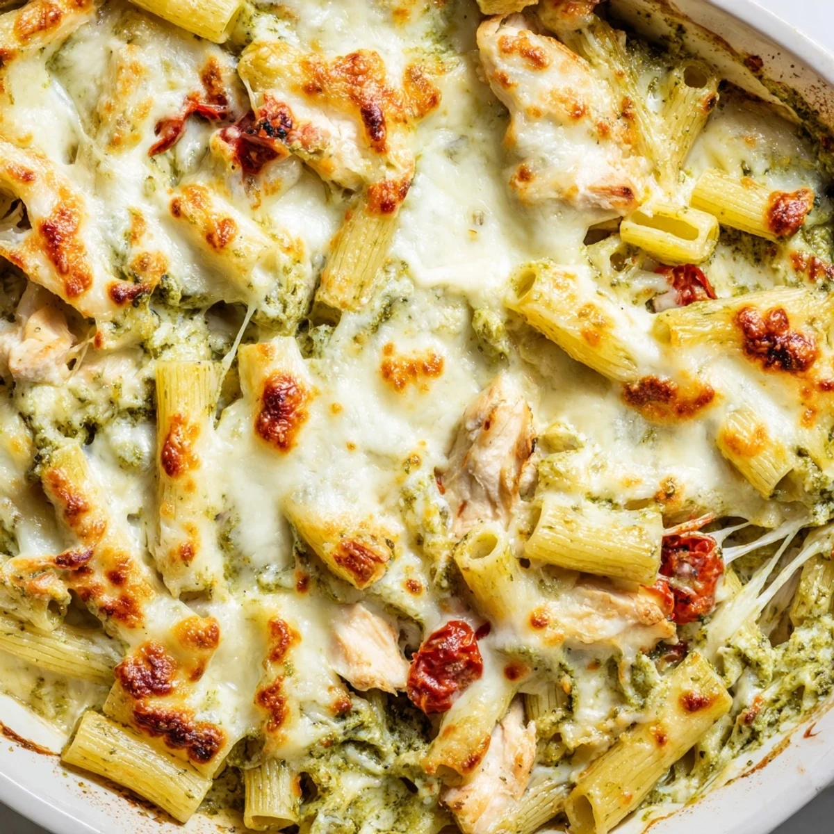 Creamy pesto chicken pasta bake topped with Parmesan and fresh basil leaves