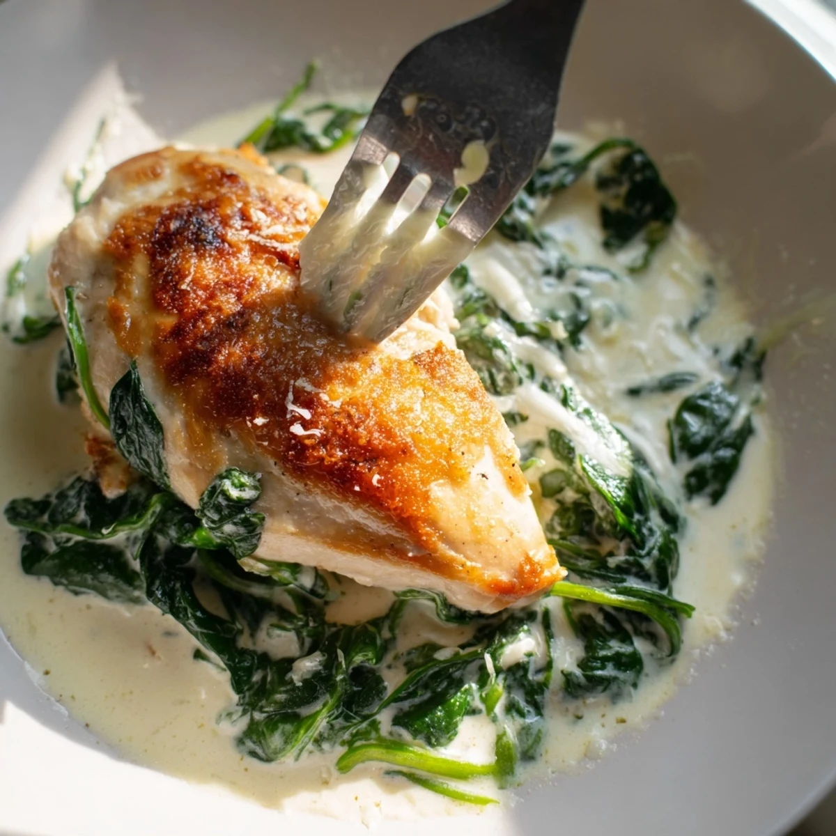 Golden seared Lemon Parmesan Spinach Chicken nestled in a creamy, vibrant green sauce