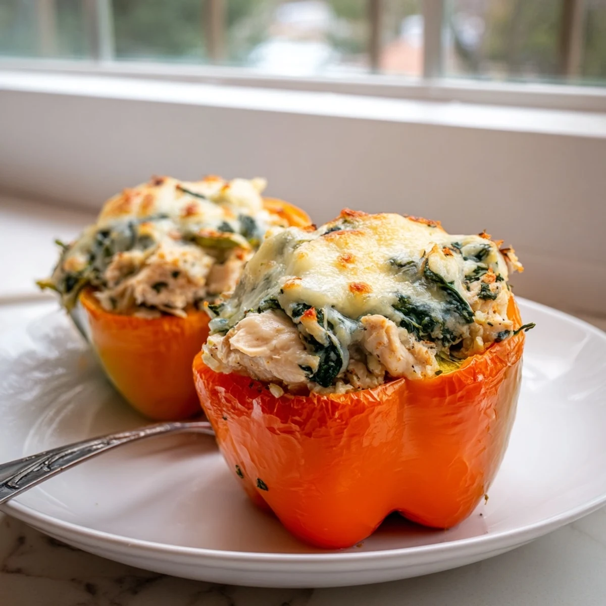Golden cheesy Chicken Florentine Stuffed Peppers baked in a rustic casserole dish