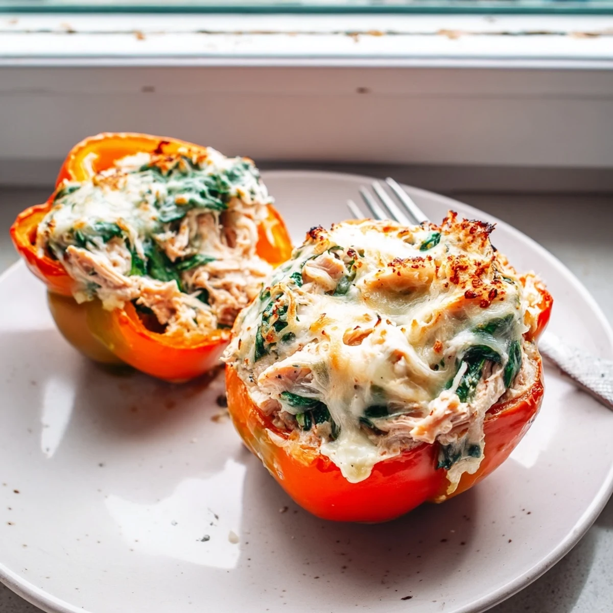Bubbly mozzarella tops these colorful Chicken Florentine Stuffed Peppers fresh from the oven