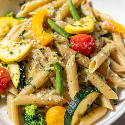 Creamy Pasta Primavera tossed with crisp tender vegetables and finished with Parmesan