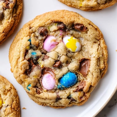 Chewy Cadbury Egg Cookies studded with chocolate chips and pastel egg chunks close-up