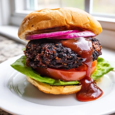 Golden grill-marked coffee rub burgers draped in thick, glossy smoky BBQ sauce with crisp toppings