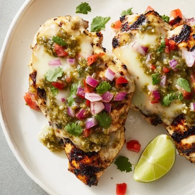 Golden grilled chicken smothered in salsa verde and bubbling Pepper Jack cheese, garnished with cilantro
