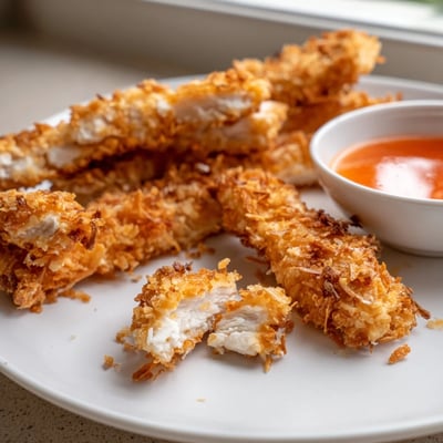 Crispy coconut chicken tenders fresh from the oven showcasing a crunchy golden crust