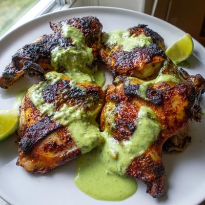 Juicy sliced Peruvian Chicken Delight plated alongside roasted potatoes and creamy cilantro sauce