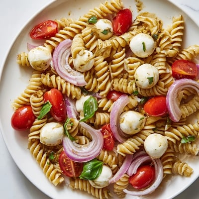 Vibrant Caprese Pasta Salad drizzled with balsamic dressing and fresh basil leaves